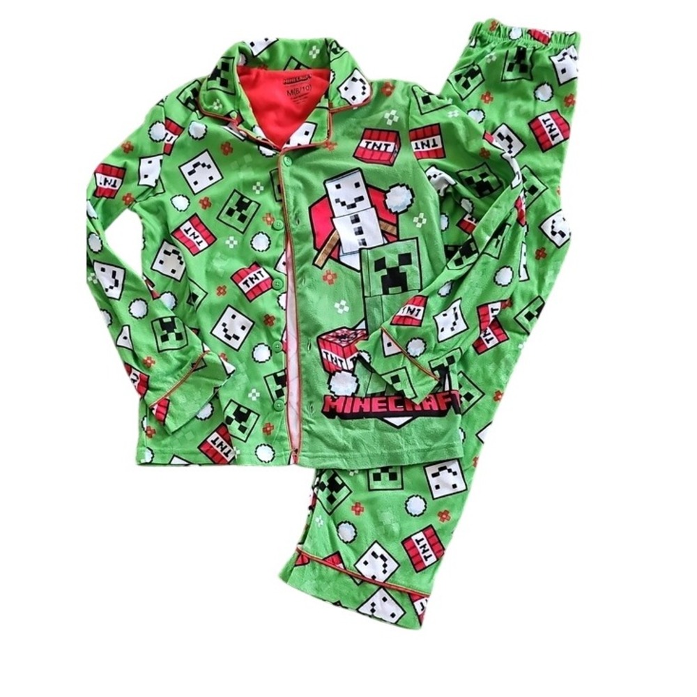 Minecraft Creeper TNT Fleece Pajama Set Gamer Sleepwear Kids Size M 8/10 Green